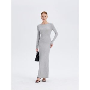 Gray open back long sleeve maxi dress, side view, ousph.com