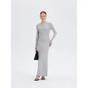 Gray Open Back Maxi Dress - Side View Gray open back long sleeve maxi dress, side view, ousph.com