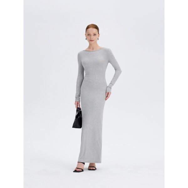 Gray open back long sleeve maxi dress, side view, ousph.com