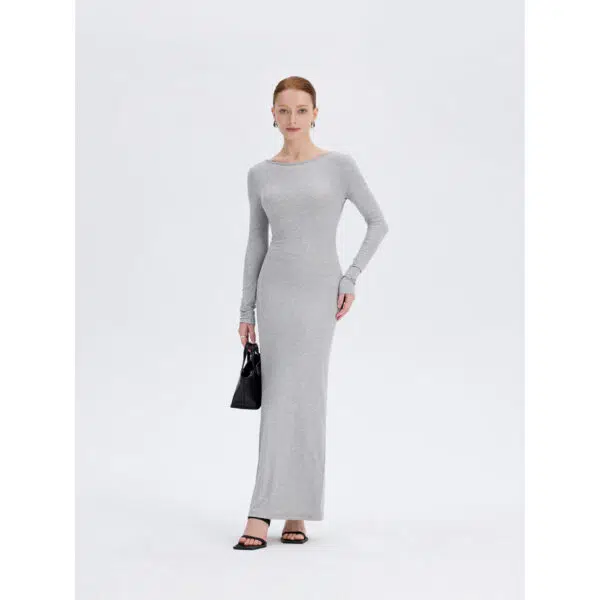 Gray Open Back Maxi Dress - Side View Gray open back long sleeve maxi dress, side view, ousph.com
