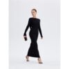Black open back maxi dress, back view with twisted waist detail, ousph.com
