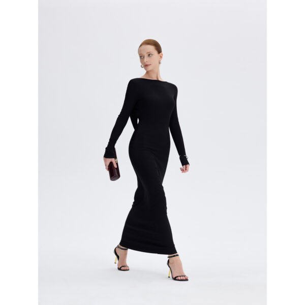 Black open back maxi dress, back view with twisted waist detail, ousph.com