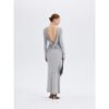 Gray open back maxi dress, back view with twisted waist detail, ousph.com