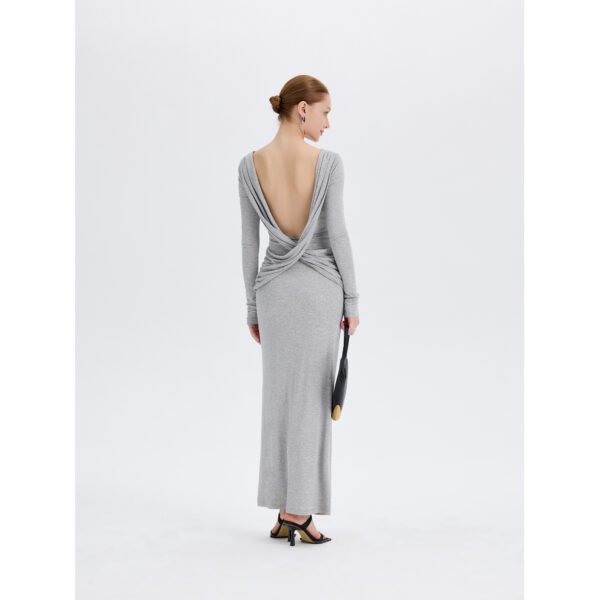 Gray open back maxi dress, back view with twisted waist detail, ousph.com