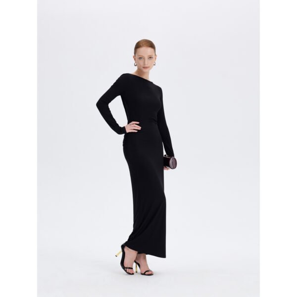 Black open back long sleeve maxi dress, front view, ousph.com