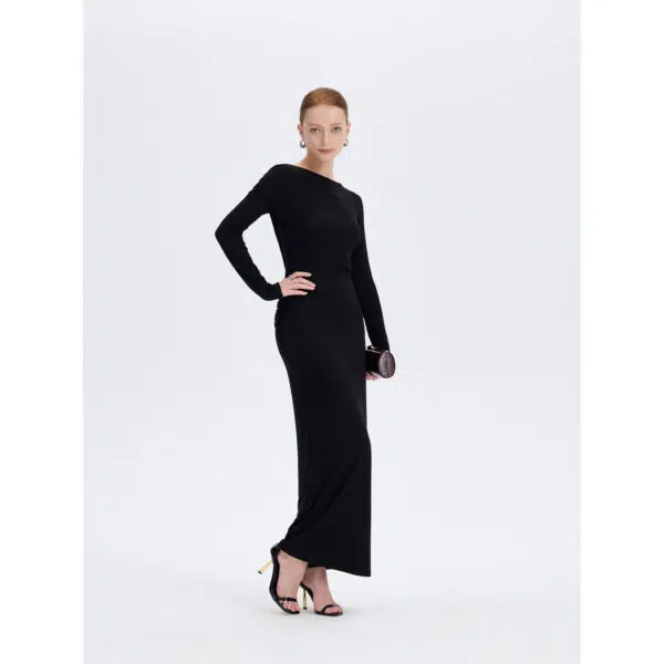 Black Open Back Maxi Dress - Front View Black open back long sleeve maxi dress, front view, ousph.com