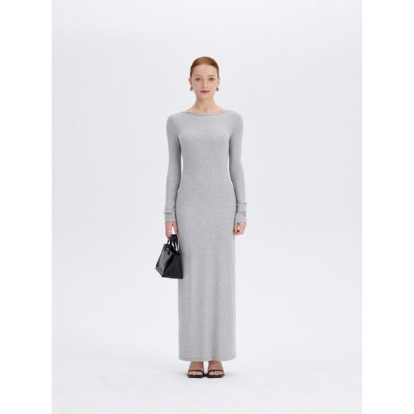 Gray open back long sleeve maxi dress, front view, ousph.com