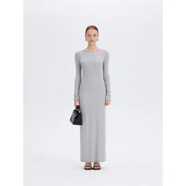 Gray Open Back Maxi Dress - Front View Gray open back long sleeve maxi dress, front view, ousph.com