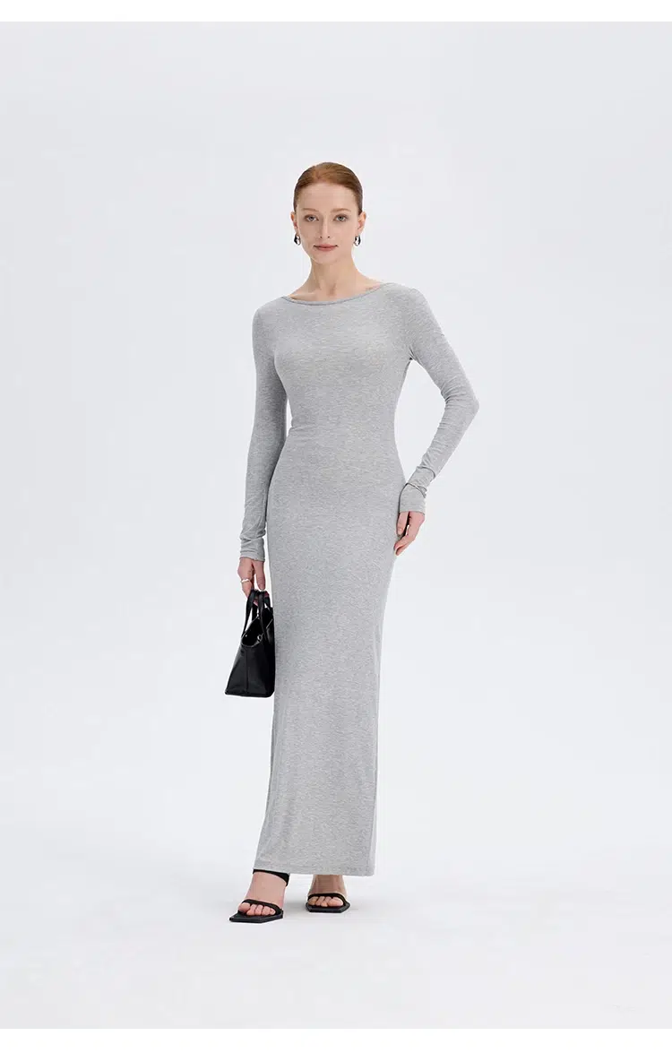 Gray twist back maxi dress full front view long sleeve elegant maxi dress at Ousph