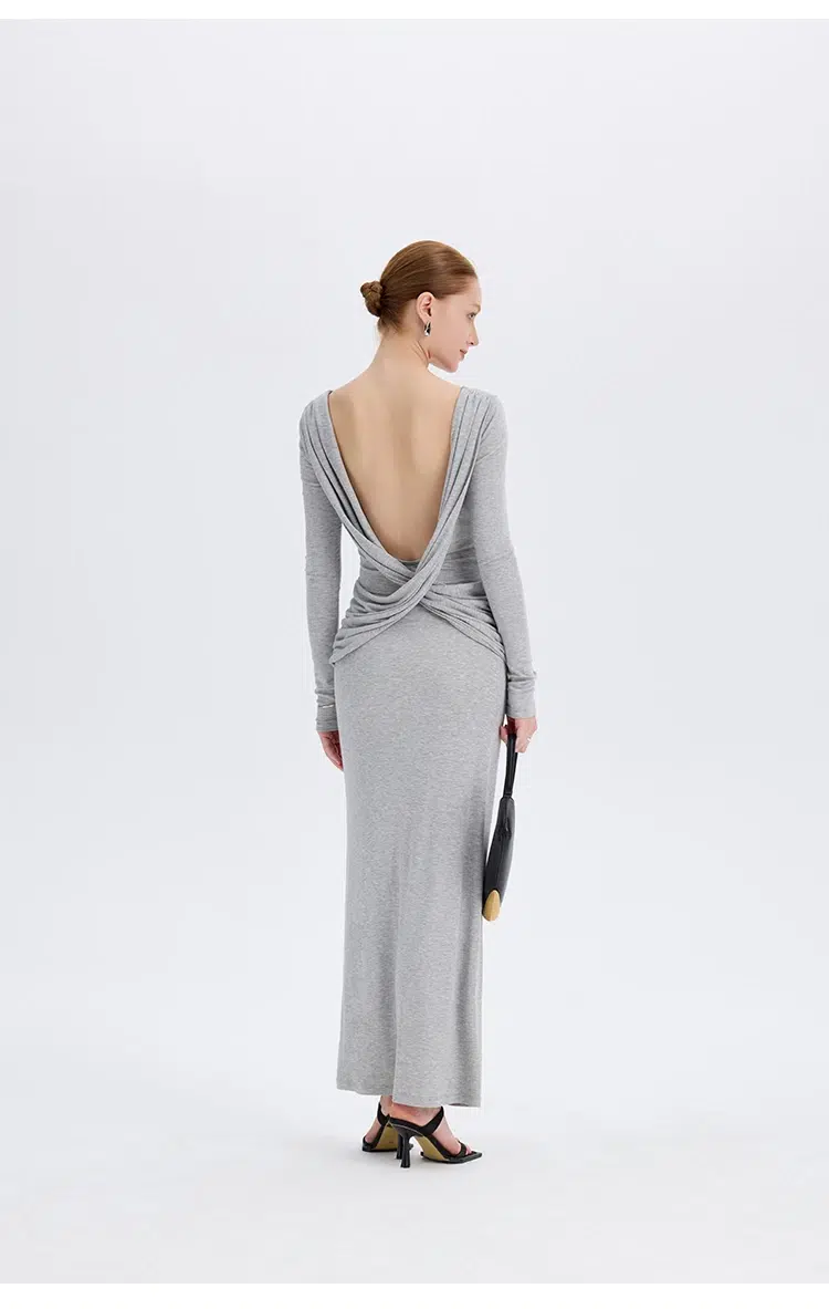 Gray twist back maxi dress full back view open back twist knot detail at Ousph