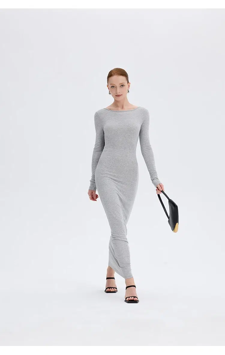 Gray twist back maxi dress side view elegant maxi length silhouette at Ousph