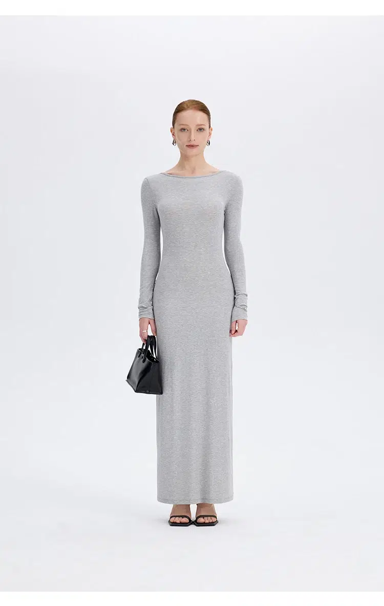 Gray twist back maxi dress full front view relaxed fit at Ousph