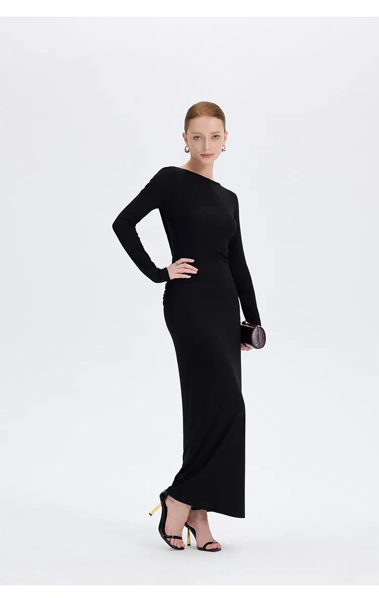 Black twist back maxi dress full side view elegant long sleeve maxi dress at Ousph