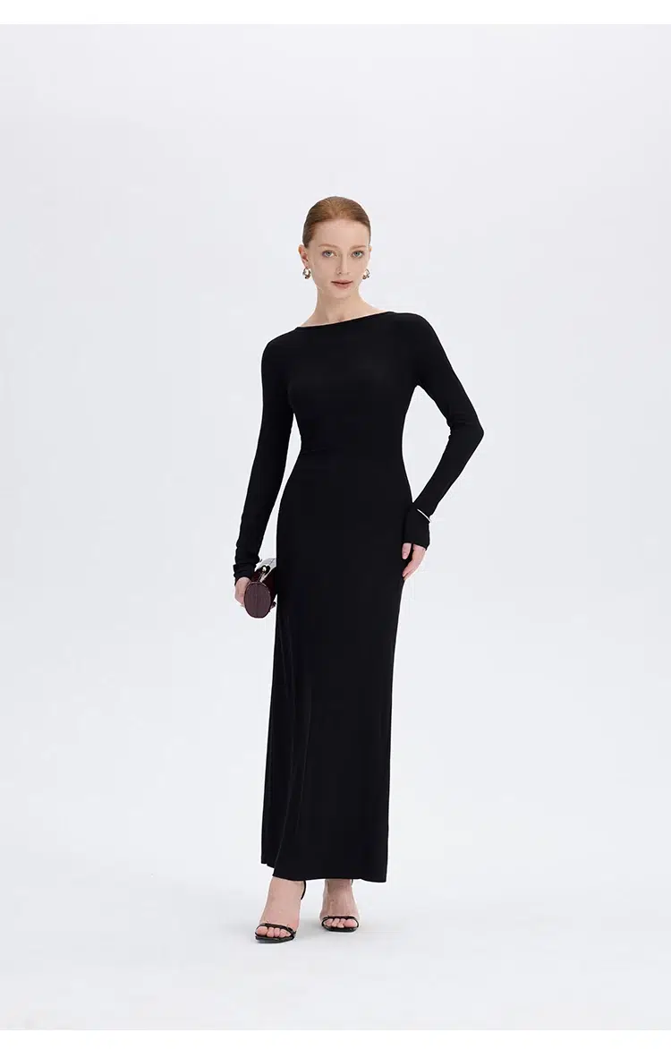 Black twist back maxi dress full front view classic black maxi dress at Ousph