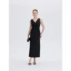 ousph black v-neck spaghetti strap bodycon maxi dress front view