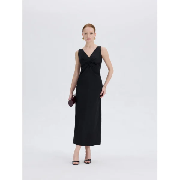 ousph black v-neck spaghetti strap bodycon maxi dress front view