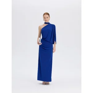 ousph royal blue one shoulder halter neck maxi dress front view