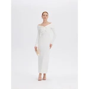 ousph white off shoulder twist long sleeve maxi dress front view