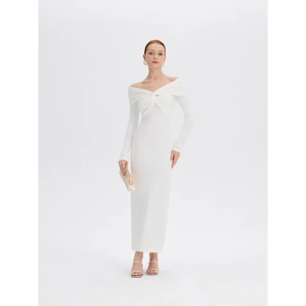 ousph white off shoulder twist long sleeve maxi dress front view