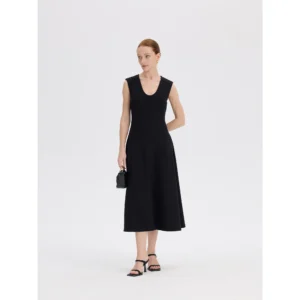 ousph black sleeveless u-neck waisted midi dress front view