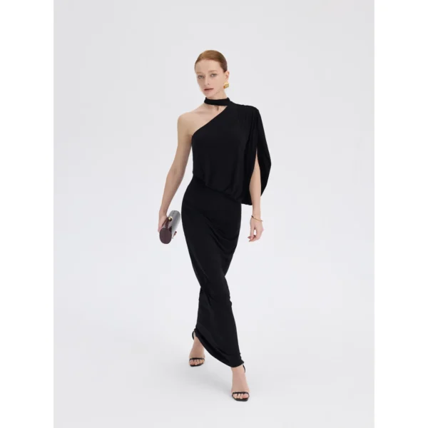 ousph black one shoulder halter neck maxi dress front view