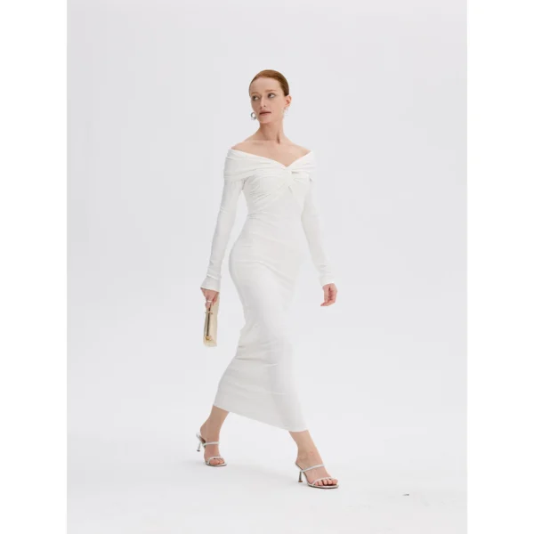 ousph white off shoulder maxi dress walking view