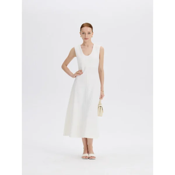 ousph White Midi Dress Front ousph white sleeveless u-neck waisted midi dress front view