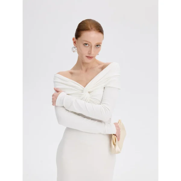 ousph white off shoulder maxi dress front closeup