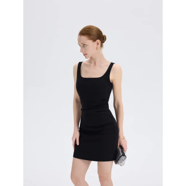 ousph black square neck slip dress front close-up detail