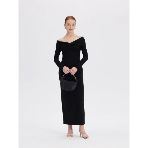 ousph black off shoulder twist long sleeve maxi dress front view