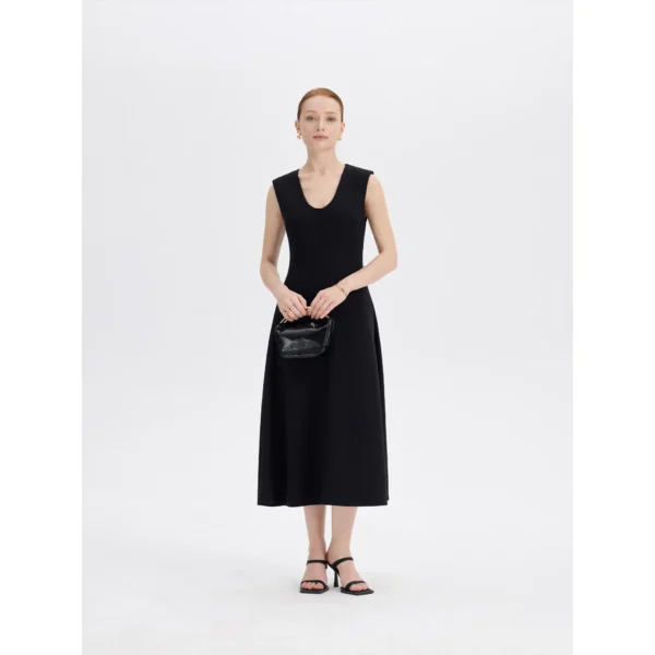 ousph Black Midi Dress Closeup ousph black midi dress front closeup
