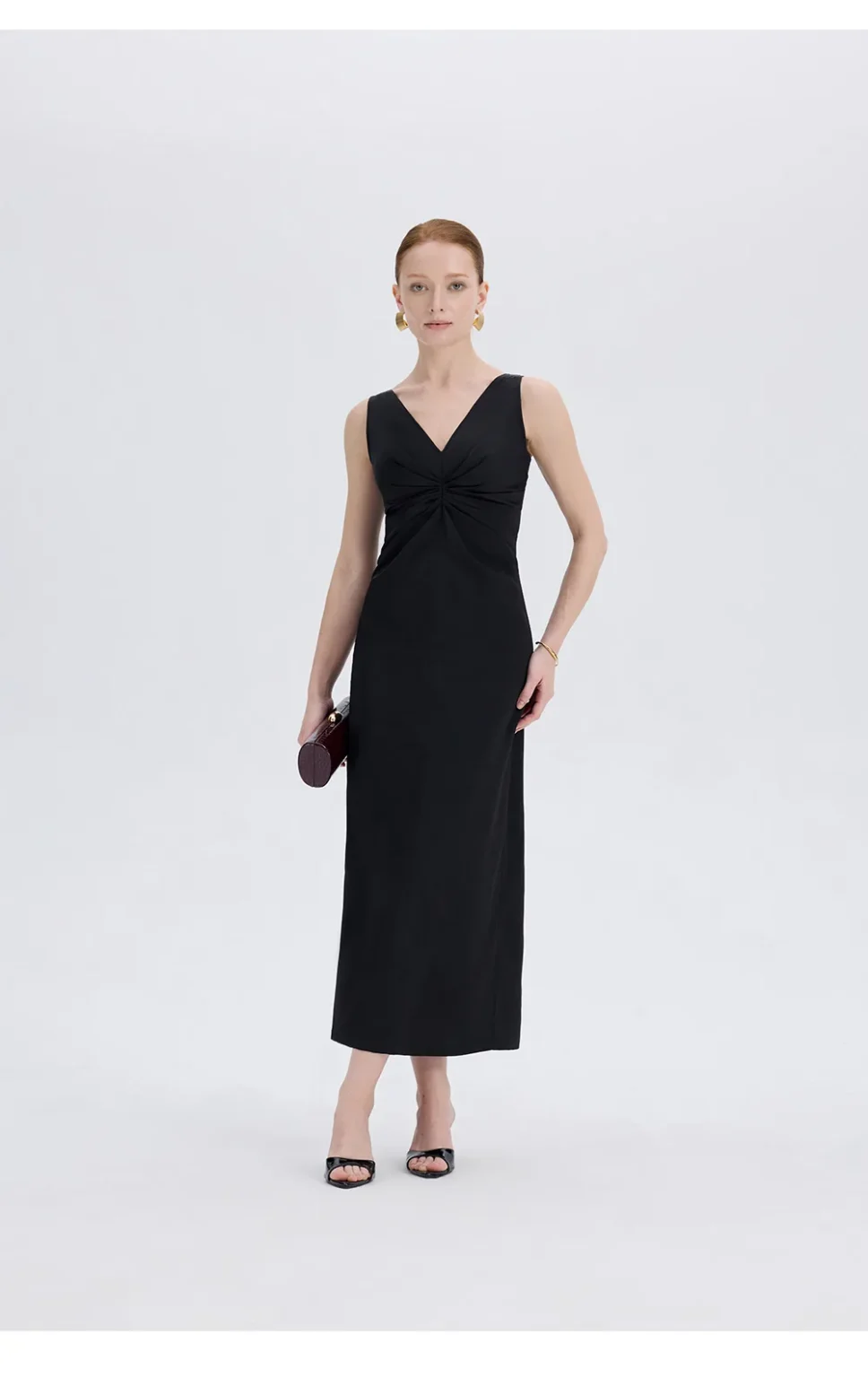 ousph black v-neck maxi dress standing front view