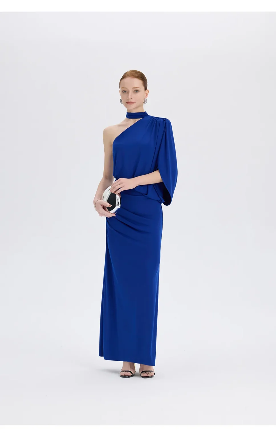 ousph royal blue one shoulder maxi dress standing front