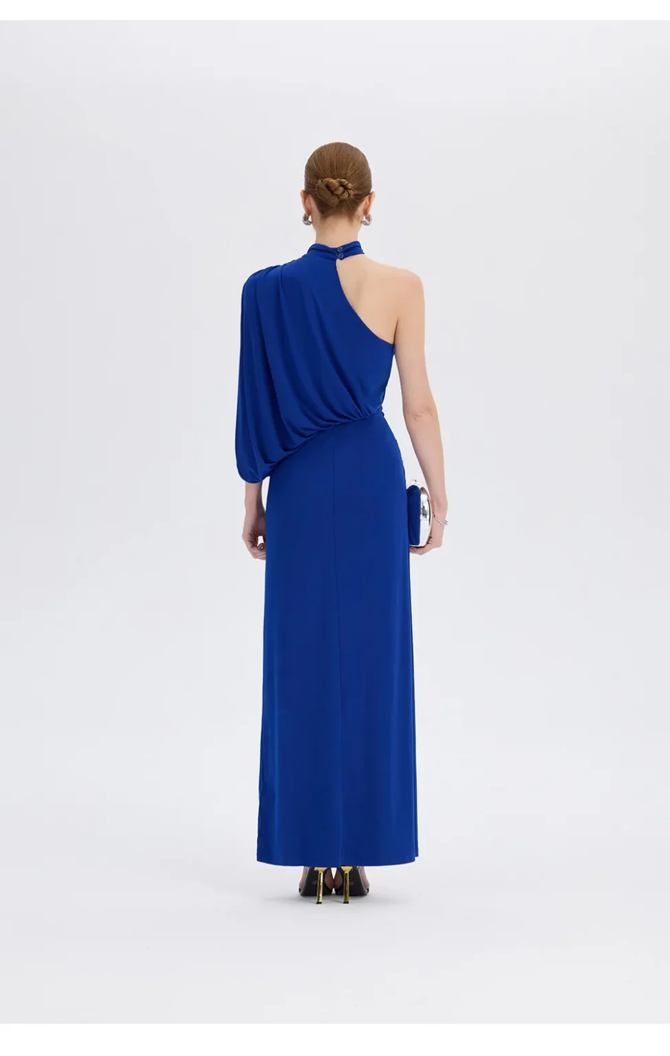 ousph royal blue one shoulder maxi dress back view