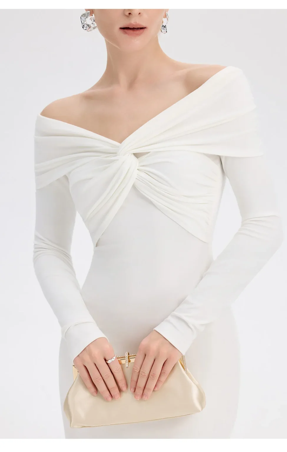 ousph white off shoulder maxi dress side closeup