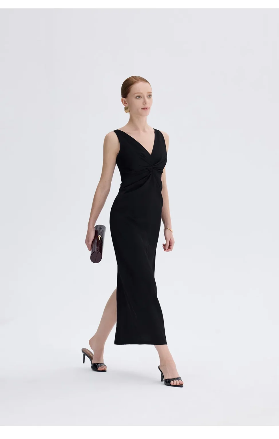 ousph black v-neck maxi dress walking view