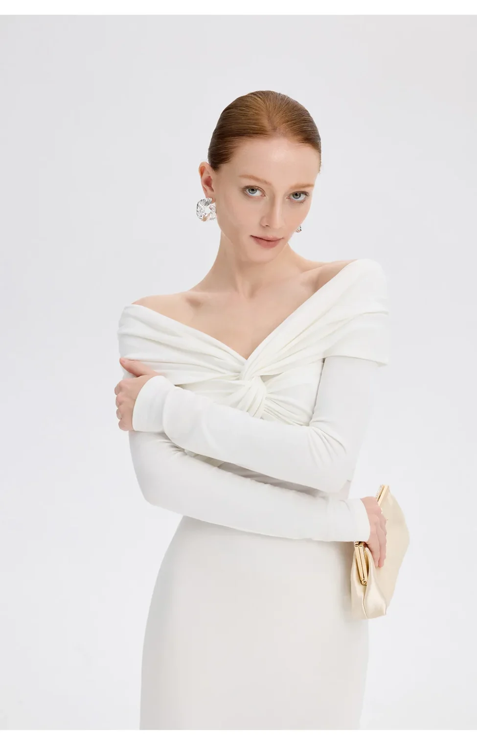 ousph white off shoulder maxi dress walking view