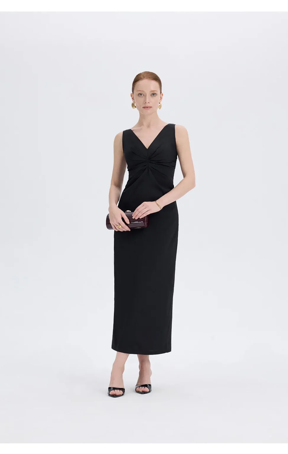 ousph black v-neck maxi dress standing side front