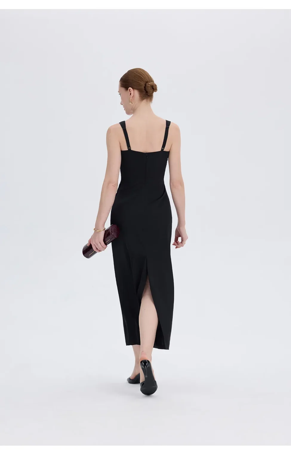ousph black v-neck maxi dress back slit walking