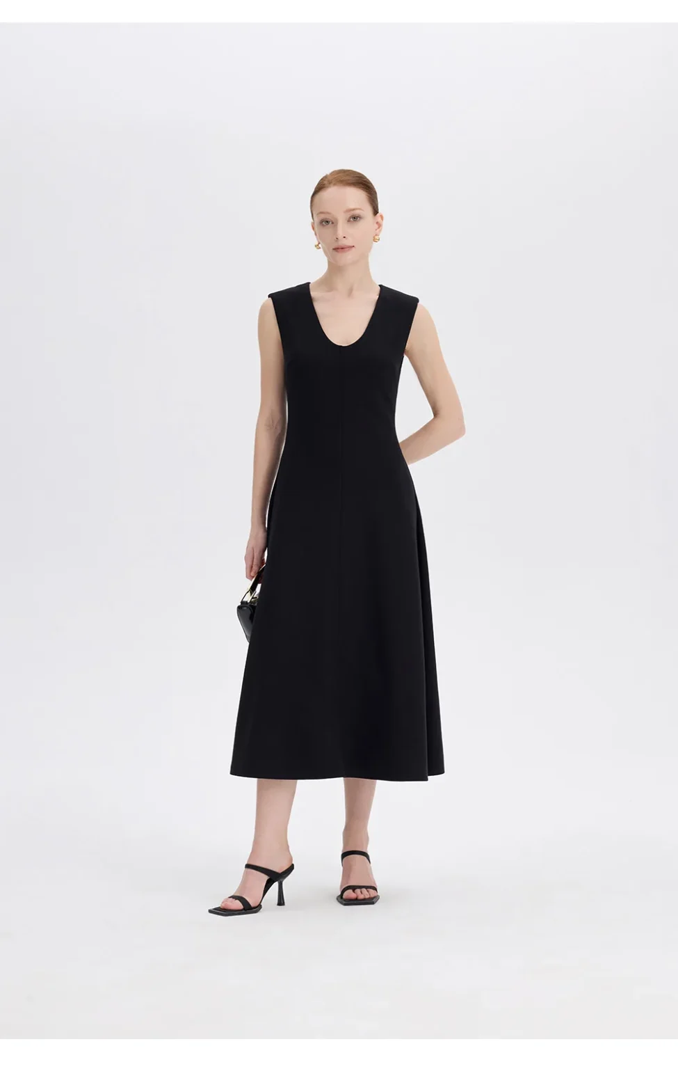 ousph white sleeveless u-neck waisted midi dress front view