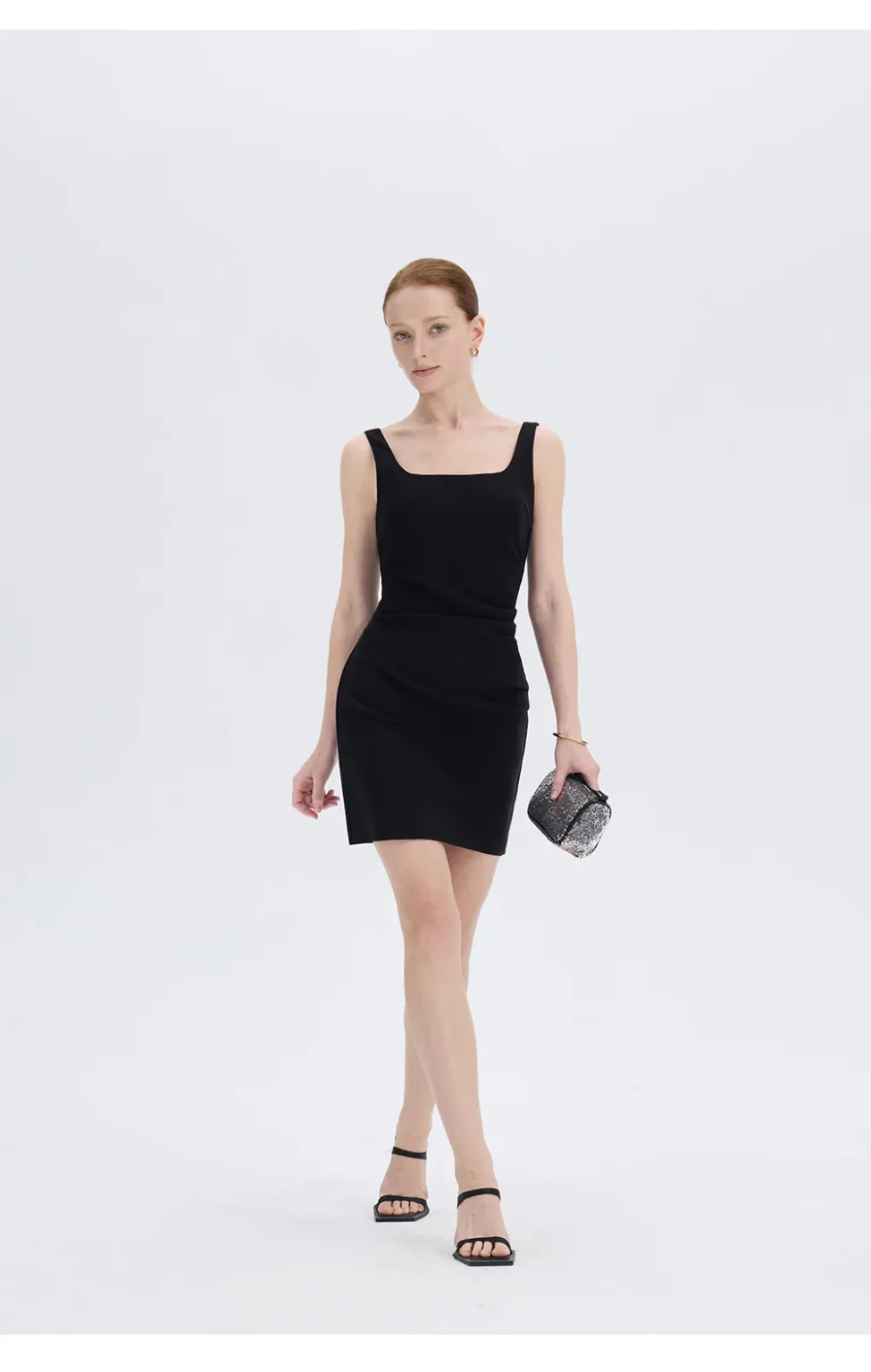 ousph black square neck mini dress side walking view