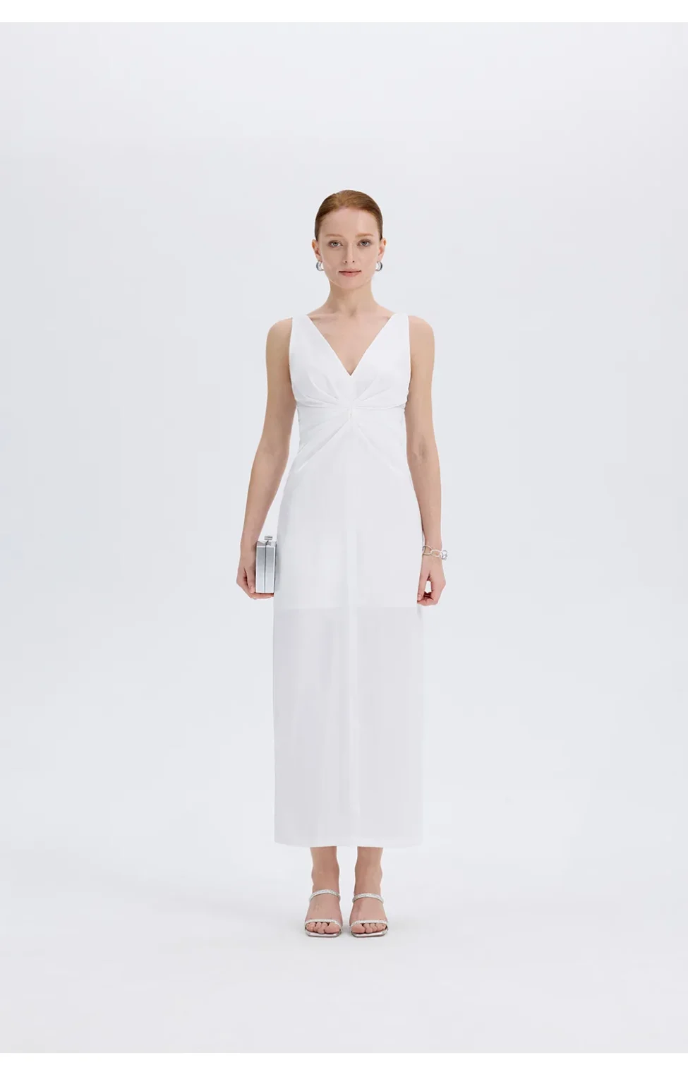 ousph white v-neck spaghetti strap maxi dress front view