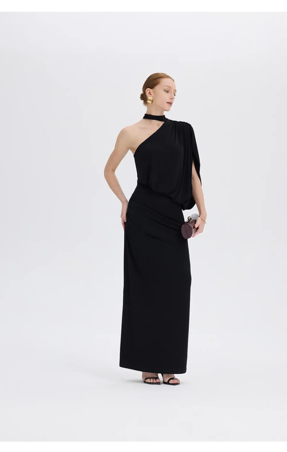 ousph black one shoulder halter maxi dress side view