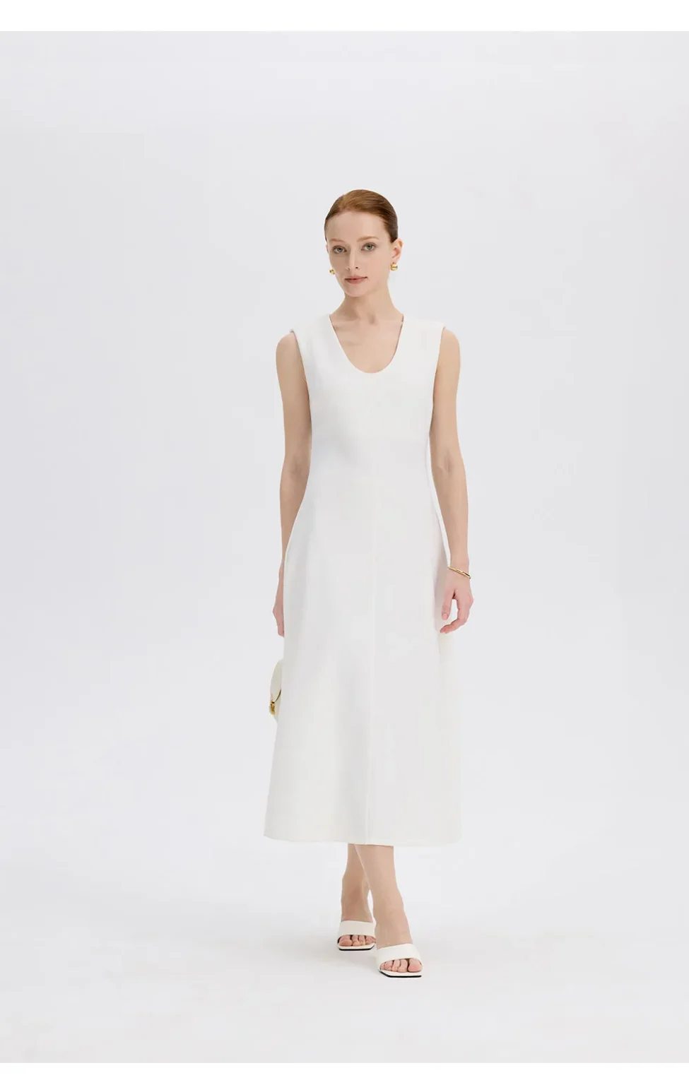 ousph white midi dress standing front