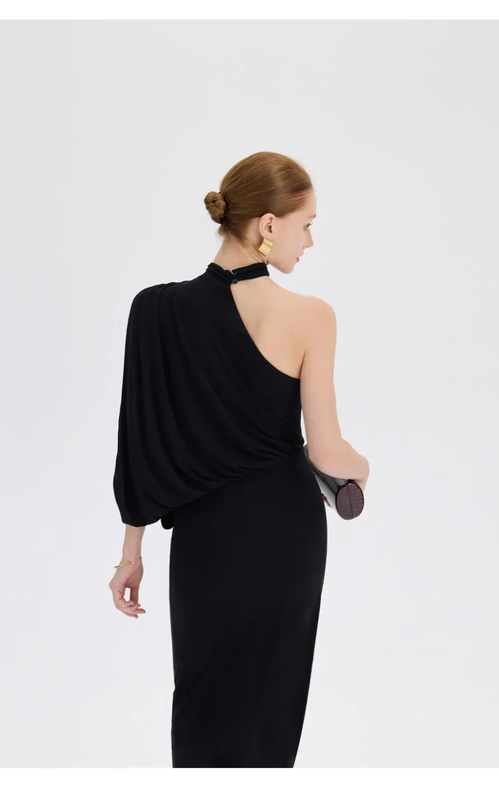 ousph black one shoulder maxi dress back view