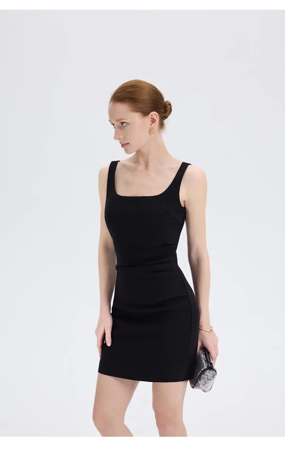 ousph black square neck bodycon dress side front view