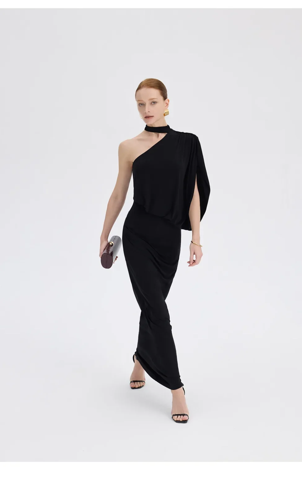 ousph black one shoulder maxi dress walking view
