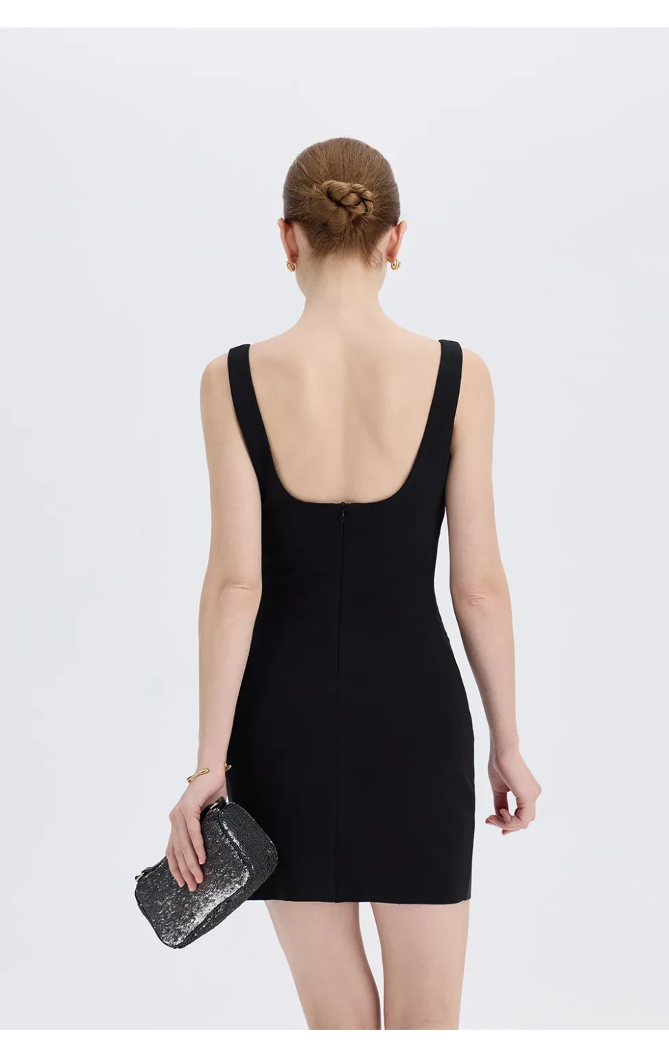 ousph black square neck mini dress full back view