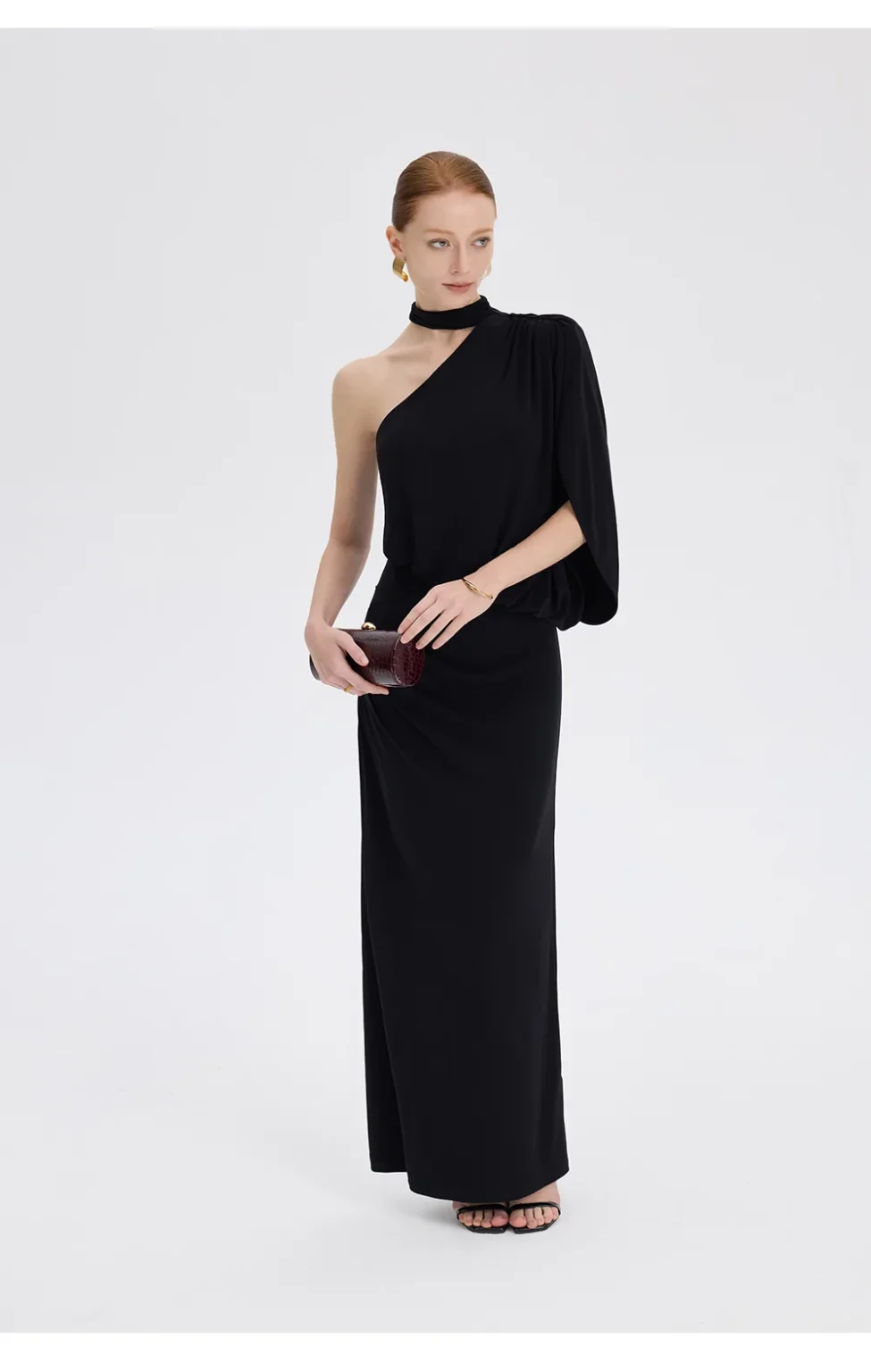 ousph black one shoulder maxi dress standing front