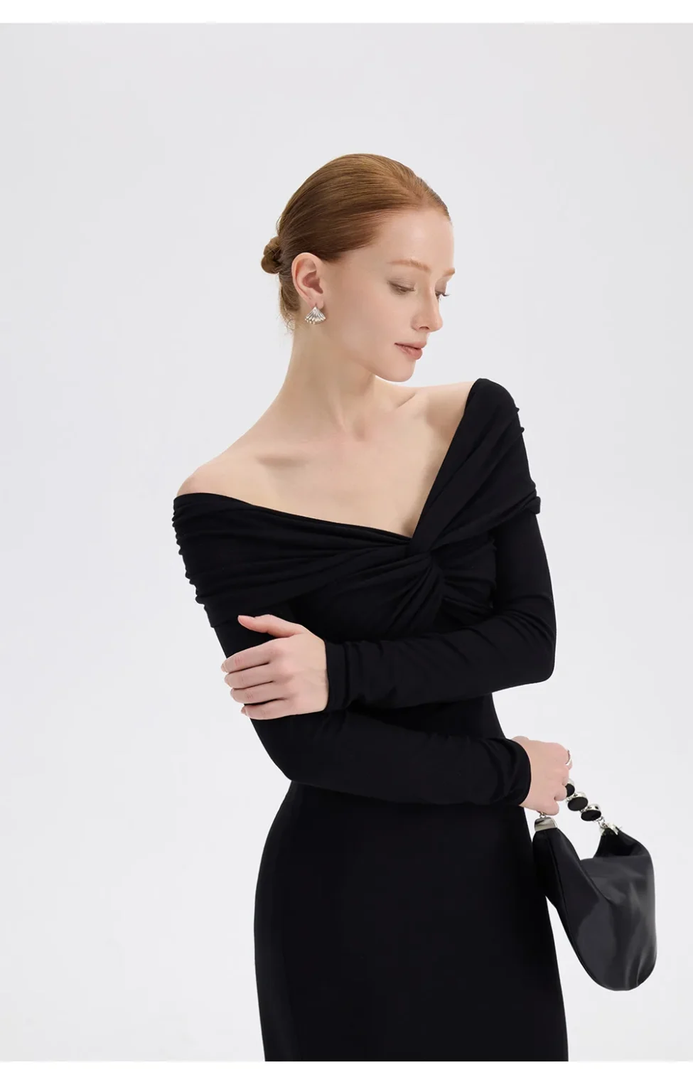 ousph black off shoulder maxi dress standing front